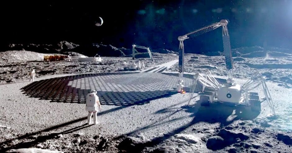 Concept rendering of robots building a landing pad on the Moon
