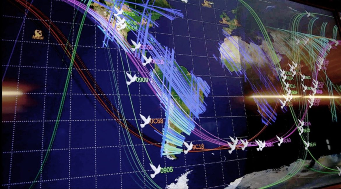 Satellite ground tracks on a mission control display