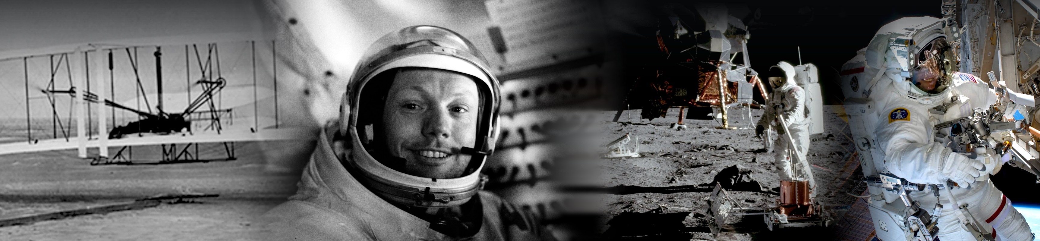Aerospace through time: the Wright Flyer, Neil Armstrong, Apollo on the Moon and a spacewalk at the International Space Station